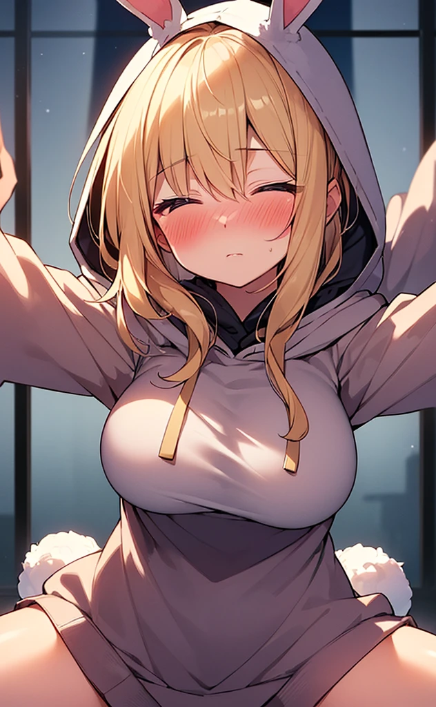 masterpiece,One girl,alone ,Heart-shaped pupils,Open the front,hoodie,, Static Restraints,Exposing her breasts A woman with a large penis growing out of her vagina and inserted into a dummy