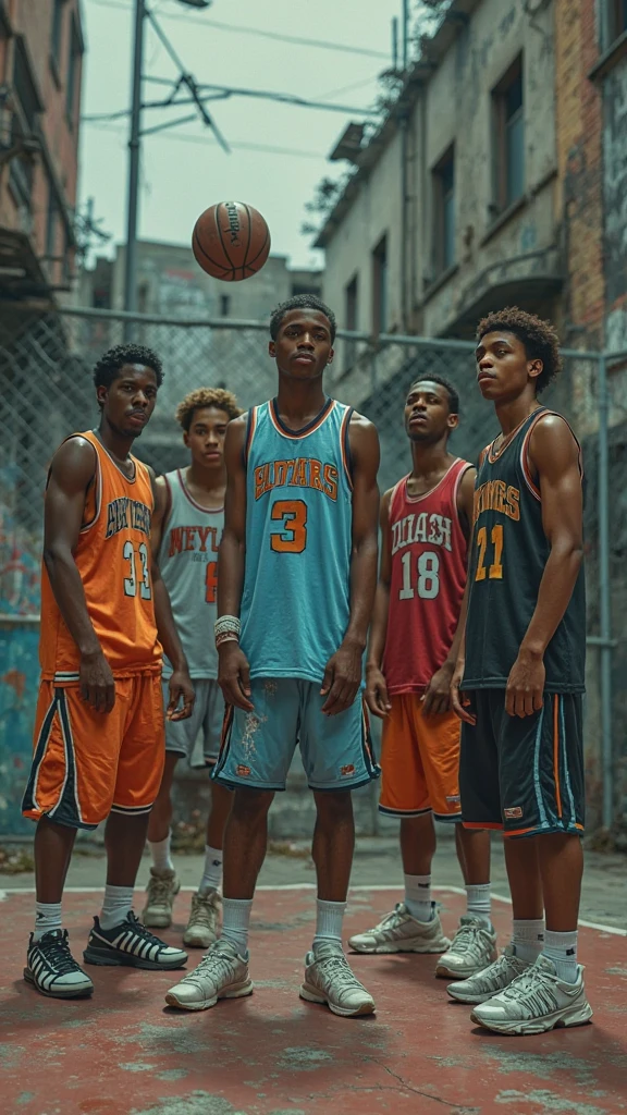 handsome black boys playing basketball with a basketball goal and on concrete with graffiti all around, 2 boys with dreads, 3 boys with nice clean cuts one boy with a mohawk