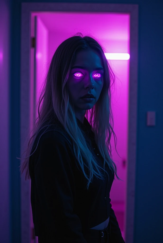 15 year old girl, Trapped in a laboratory, He is wearing a white shirt, white pants and white shoes. She has blonde hair and her eyes have a purple light., She is locked in what looks like a cell with grey walls.