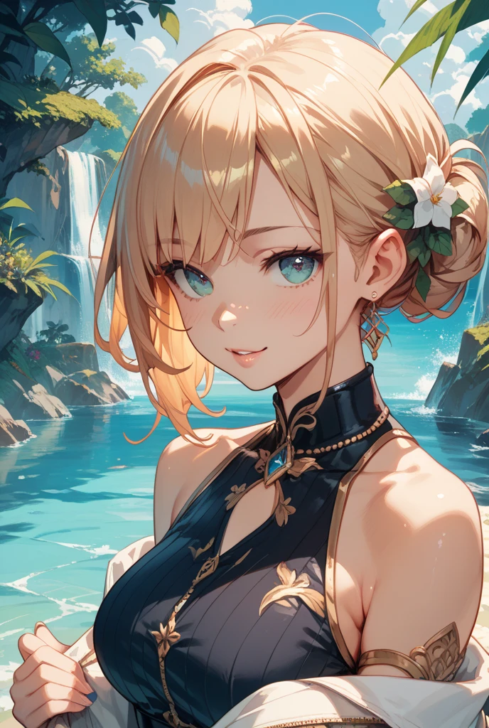 Night view, Close-up photo of Danelia Treshova, Small breasts, Bathing near a waterfall, Body immersed in water, slender cheeks, Wet Hair, Lift your chin, Fascinating face, No bra, stone, pure water, Showing cleavage, splashing water on the body, Realistic pores on the body, Looking up at the sky and smiling, Black ponytail, (blue eyes: 0.8), Beautiful adult face, 40s, Soft Volume Light, (Backlight: 1.3), (Cinematic: 1.3), Intricate details, (Art Station: 1.