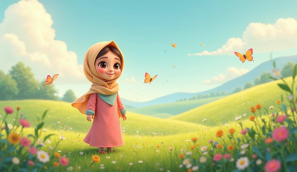 Prompt: A small village with simple houses, surrounded by a lush green forest, with a young, kind-hearted girl named Amina walking on a dirt path. She is wearing traditional modest clothing, with a gentle smile on her face.small girl 3D animated cartoon
