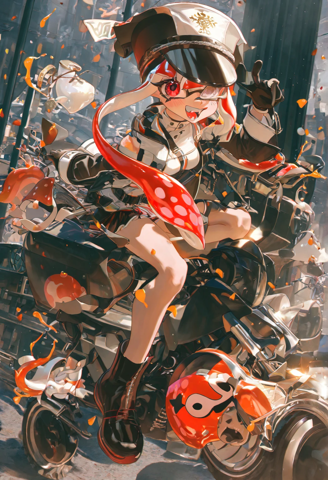 cute, White very short hair, (Big round eyes, Strawberry-shaped pupils), A lustful and lascivious face, light makeup, Pink short twin tails, イチゴにインスパイアされたcuteゆったりしたシャツを着ています, Strawberry-inspired ruffled shorts, Heavy engineer boots, Lots of strawberries in the background, Shading Effects, Gradient Magic Effect, Fresh effect, Cute effects, (Super detailed, The absolute solution, Highest quality:1.3), 2.5D, delicate and dynamic, Artistic photography, Ultra-realistic, Graphics CG Digital Art, Manga style