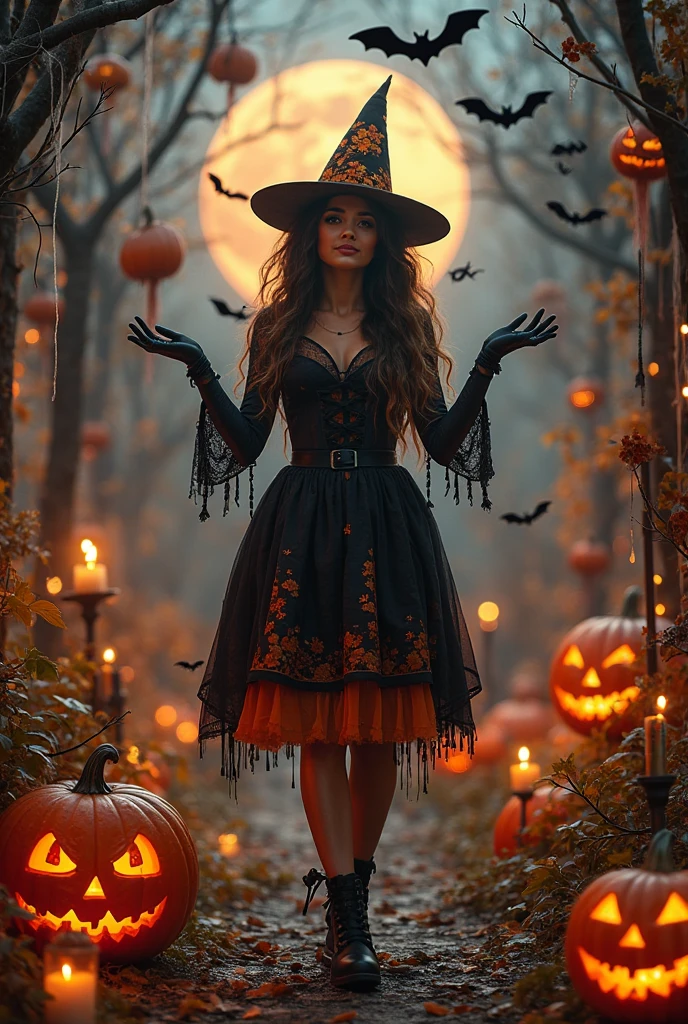 A Halloween-themed hat,Luxurious,sparkling gemstones,feather-adorned,Halloween colors,(On the model),Decorated with skulls and spiders,(luxury brand),vibrant hues,elegant,Eye-catching,Gold accents,Lace trim,(Velvet fabric),Sparkling sequins,(In the boutique),Dramatic,(pumpkins),Personalized pieces,magical,Enchanted,attention-grabbing,Artistic,Holiday touch,Strong presence.((Best quality,Masterpiece:1.2,photo-realistic:1.37,Halloween:1.2))