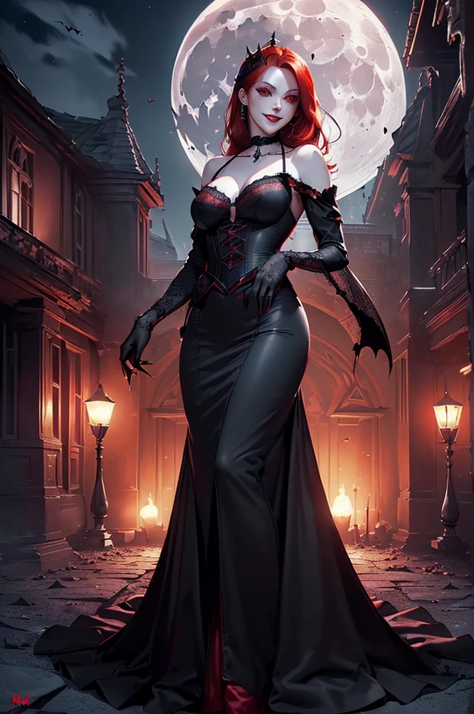 Lillith,long red curly hair, pale blue skin, lips,red eyes,makeup, standing, upper body, smiling,
LillDre,head wings,detached sleeves,thighhighs,bare shoulders,cleavage,high heels,dress ,jewelry,
nighttime, moonlight, brick road,
(insanely detailed, beautiful detailed face, masterpiece, best quality)
<lora:Lillith-08:0.8>
