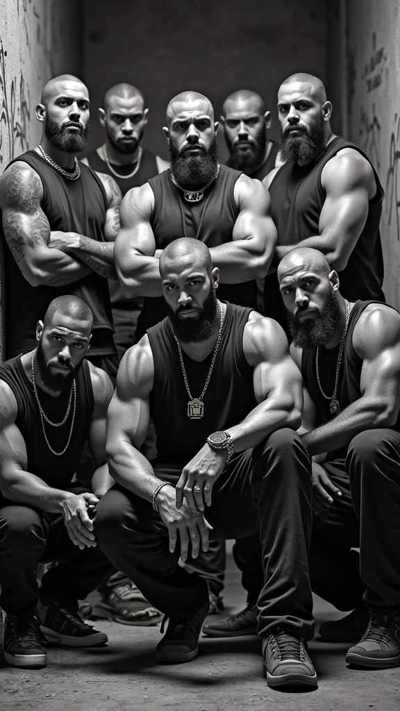 three muscular black men, 80s, shirtless, abandoned public bathroom, graffiti, toilets, dominant, hyperrealistic, cinematic lighting, gritty, high contrast, dramatic shadows, chiaroscuro, moody, intense, dynamic pose, photorealistic, 4k, highly detailed, masterpiece