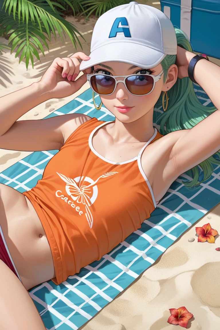 masterpiece, best quality, 1girl, solo, detailed background, absurdres, looking at viewer, <lora:EPpkJenny-06:0.8>, EPpkJenny, green hair, brown eyes, hair ornament, twintails, from below, beach, palm tree, towel, day, sunny, arms up, track jacket, bellbottoms, gold trim,