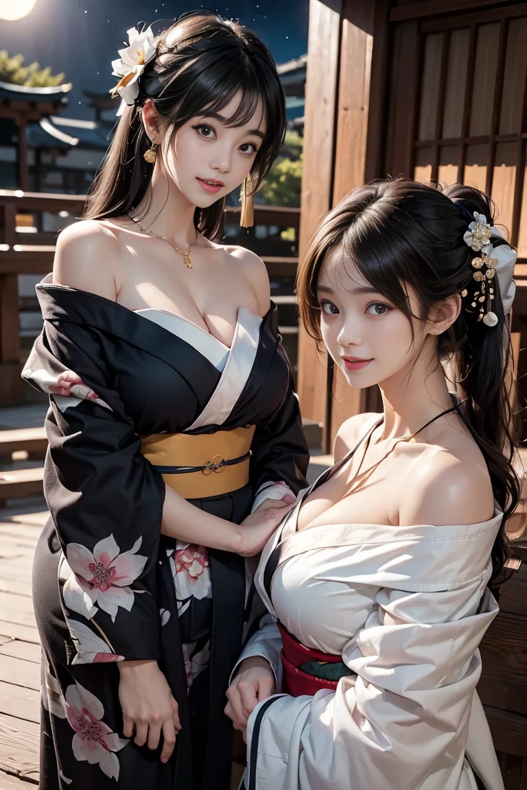 Best-quality, Masterpiece, Ultra-High-Resolution, (Photorealistic:1.4), Raw-Photo, 1girl, the most famous Japanese idol, wearing Japanese-KIMONO with sexy-design, ((extremely beautiful abundant-cleavage)), extremely cute face like the most popular Japanese idol, extremely beautiful big-black-eyes, extremely beautiful hair, extremely beautiful skins, extremely beautiful long-eyelashes, extremely beautiful lips, looking at viewer, innocent-smile, detailed Japanese-KIMONO-with-sexy-design, detailed abundant-cleavage
