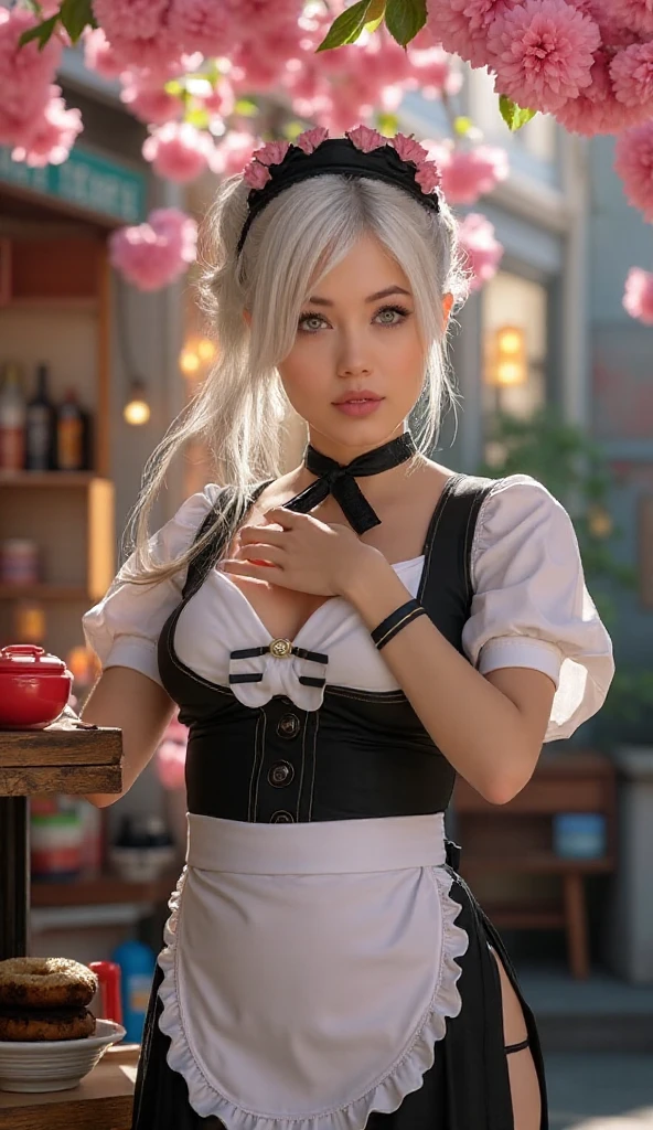 (realistic:1.3), finely detailed, quality, rembrandt lighting, (masterpiece:1.2), (photorealistic:1.2), (best quality), (detailed skin:1.3), (intricate details), dramatic, ray tracing, 1girl, 21 years old, detailed skin texture, (blush:0.5), (goosebumps:0.5), subsurface scattering, smiling, (white hair:1.1), aabelfast, long hair, french braid, ponytail, hair scrunchie, collar, chain, cleavage, brown shirt, short sleeves, wrist cuffs, (red:1.1) apron, cowboy shot, (cute pose:1.1), (bright sunny day, cafe, plates of food, tables), <lora:belfast_(azur_lane)_v1:0.7>