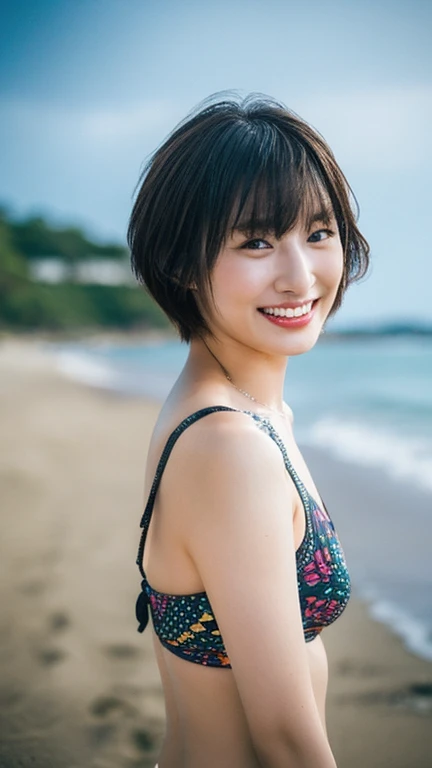 20-year-old, 8K, RAW Portrait (Japanese Girls), photo Realistic, Ultra-high resolution, Highest quality, Actual photo , dramatic, Atmospheric, Realistic,
One girl, a very beautiful Japanese Girls, Glamorous shot of a girl, smile,Bobcut,Textured skin,White swimsuit,bikini,Thighs,Wet,Standing,lips,Big and beautiful eyes,Beach, Beautifully detailed nose,,Big Breasts,View your viewers,