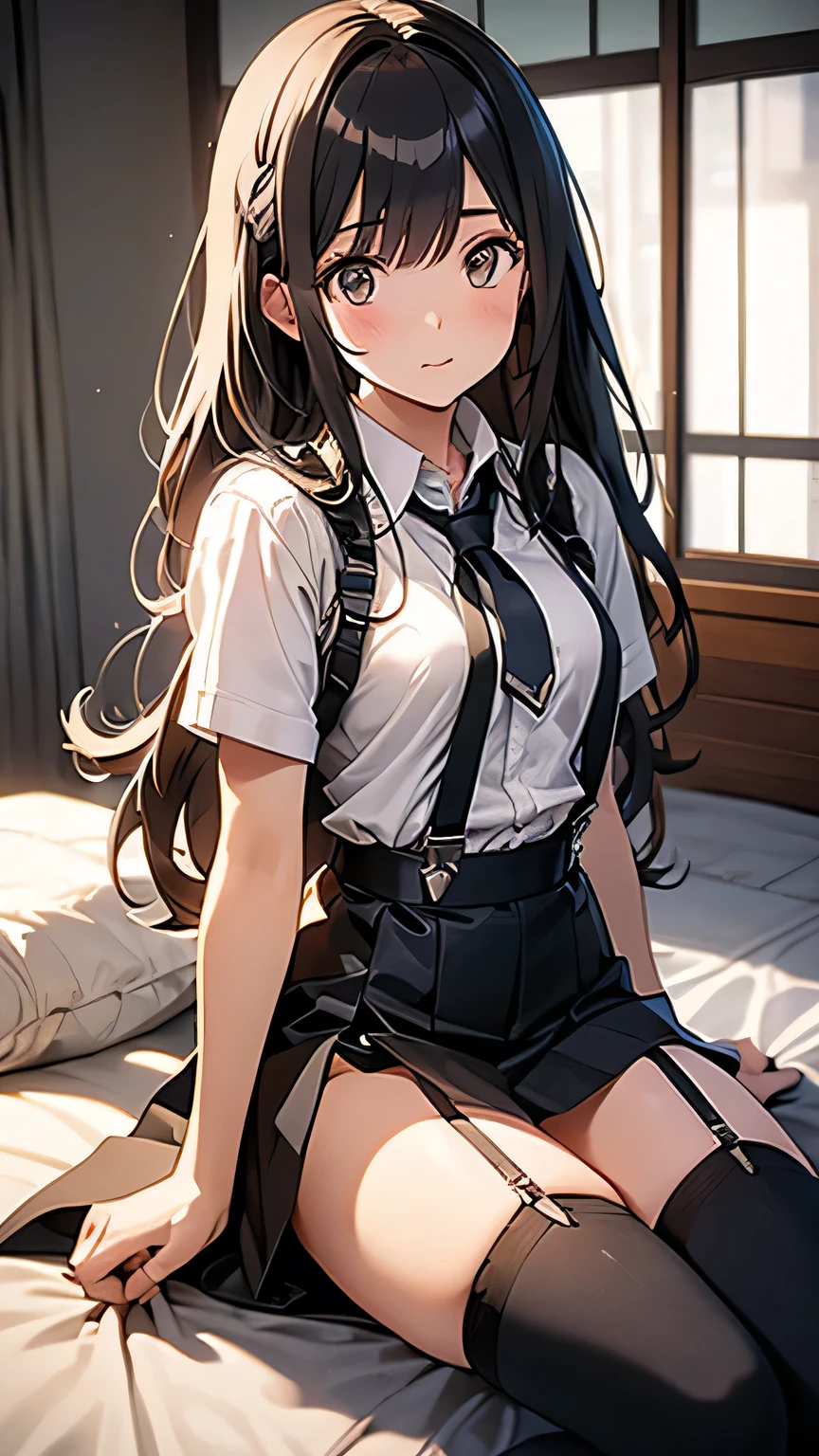 masterpiece、Flat Color、Depth of written boundary、Lens Flare 1 Girl、、Long black hair、Staring at the audience Black suspenders bulging big breasts wall: Black mini skirt garter sight Small face Bans holster Belt Weapon Beautiful woman Detained Show your hand Lying in bed Leg holster lying on the bed sight Black boots