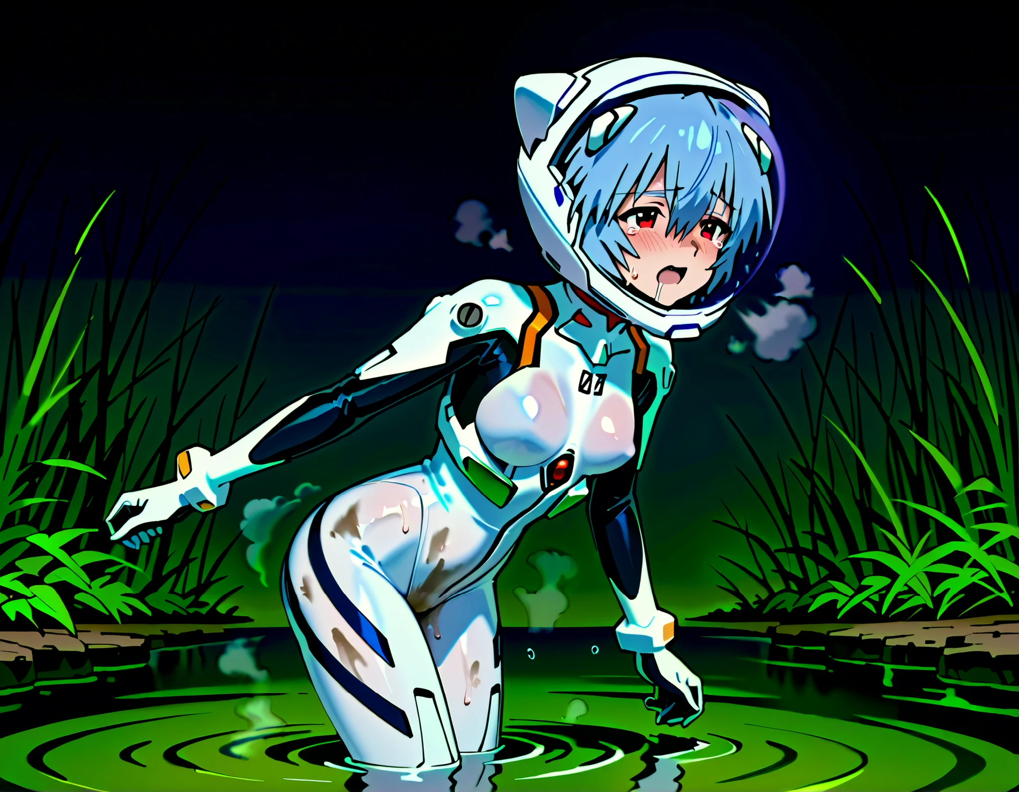 solo, evangelion art style, evangelion anime style, White plugsuit, skintight, tight fit, small breast, Rei Ayanami, red eyes, blue hair, Short hair, cute face, lovely face, white-skinned pretty girl, Short stature,Mass sweat,covered in sweat,steam, wet_skin, sweatdrop, A huge amount of tears, I even have a runny nose, Drooling, Sweating profusely, Wrapped in steam, Tired look, Half-closed eyes,rough breathing, Heavy Breathing, struggling for breath, walking, , wading, muddy swamp, dirty costume, wet crotch, (eva helmet,full face helmet, White helmet,glass helmet, face visible through helmet, space helmet, PLUGSUIT HELMET:1.1), ,