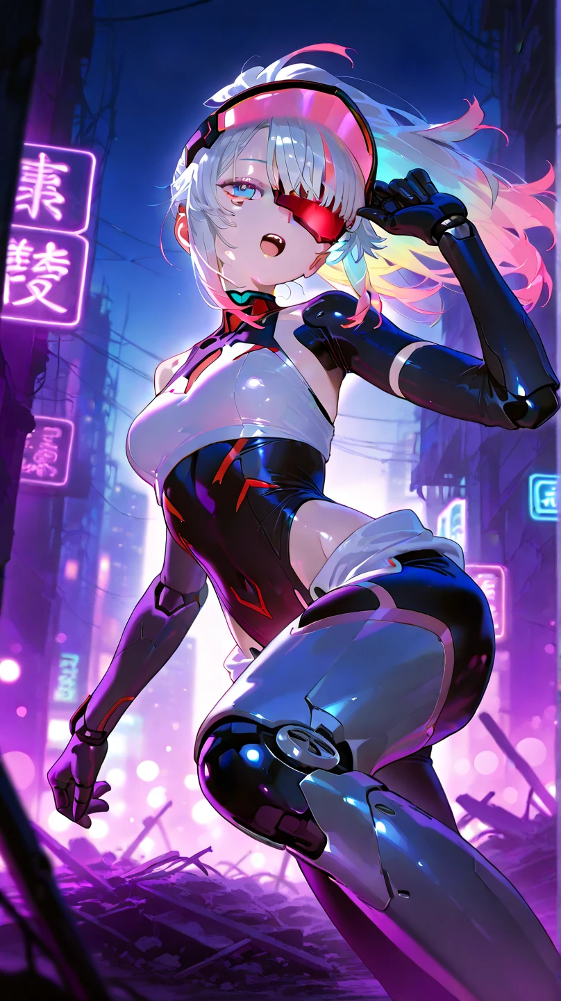 Beautuful Women, Clear bikini, high-heels, The kinky is exposed, multicolored hair, one eye closed, fox ears, parted lips, Surrealism, high detail, Futurism, first-person view