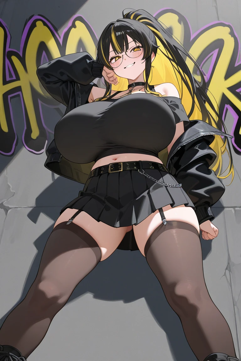 Bustling city street girl with long blonde hair(Has a black collar,Wear uniforms, hats and high heels,wears glasses),Her face flushed,teary,full of sweat,The chains tied her breasts super tightly,Black panties exposed,There's a lot of sweat,Hands cuffed together,Soaked,gigantic cleavage breasts,The chain is wrapped around the thigh