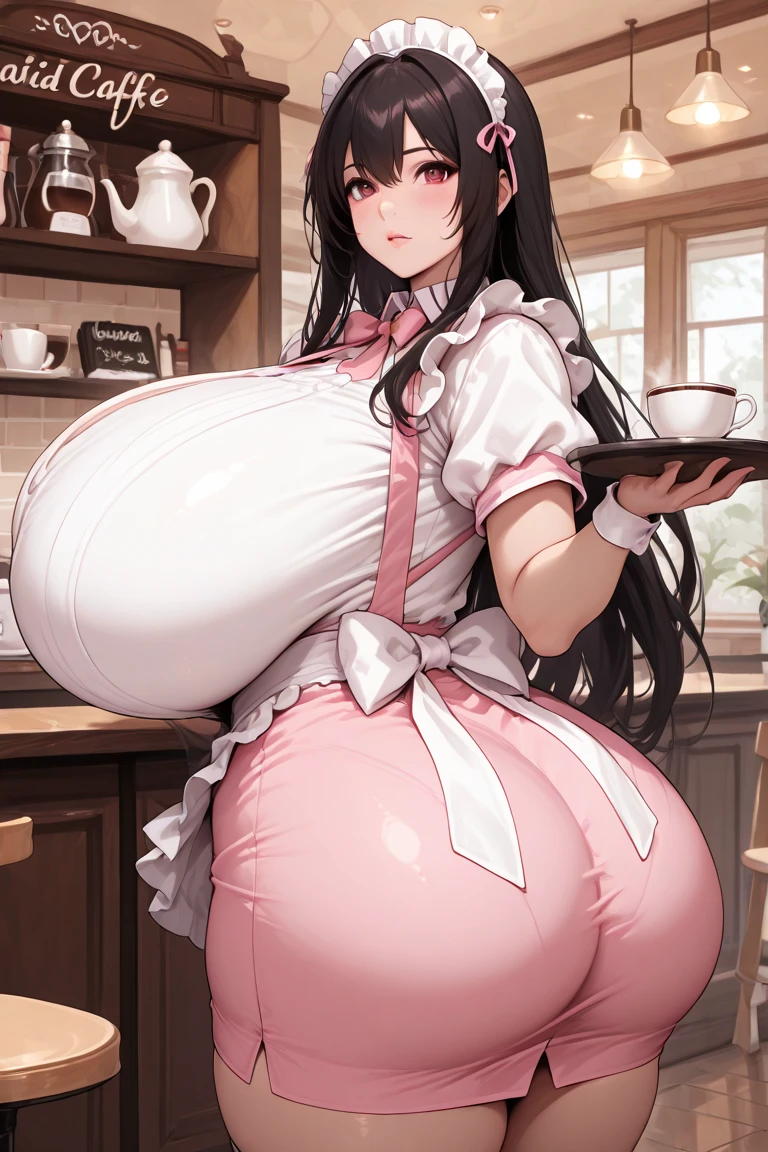 (Masterpiece, best quality, highres, intricate details:1.5), Asian woman, (colossal breasts:1.3), (breast expansion:1.3), (bursting breasts:1.3), (thin, slender body:1.2), (detailed, beautiful face:1.2), (gigantic ass:1.2), embarraaed expression, smile, grass skirt, flower necklace, maid uniform, tight, streched, ripped clothes, (realistic:1.2)