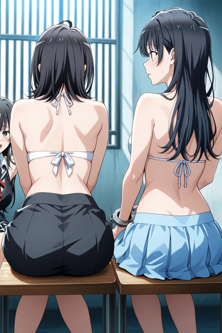 satoko houjou, rika furude, Higurashi (2girls:1.5), anime picture,best quality, ultra-detailed, high resolution, extremely detailed cg, unity 8k wallpaper, masterpiece, perfect body, anime picture, femsub, BDSM, (back to back:1.5), storeroom, dark room, back on back, arms behind own back, tied up wrist together behind own back, bound legs, (tied together:1.5), thighs tied up, bound thighs, rope bondage, arms behind back, tears, sitting, on floor, gag, gagged, hands on back, Tape Gag, brown long hair, black long hair, girl 1, light violet panty, black bra, girl 2, pink panty, grey bra,