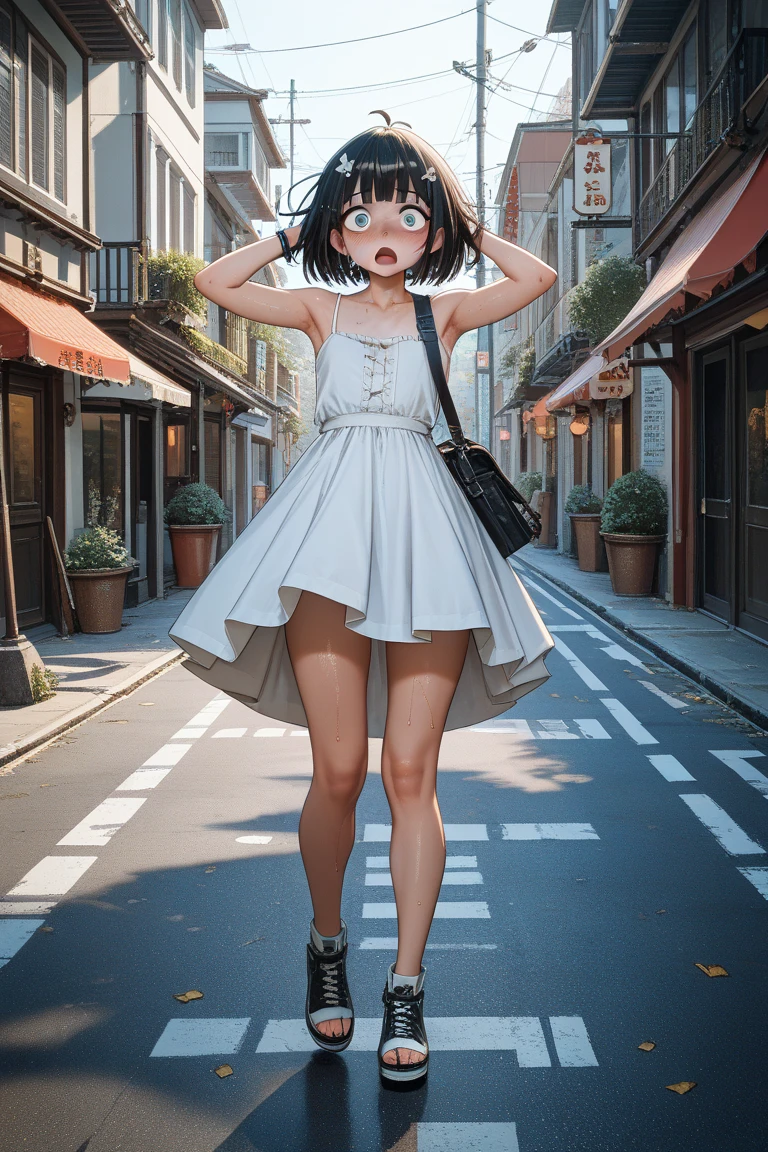 Mycotrose, Brown eyes,Brown Hair,short hair,One side up,Small breasts,Flower Hair Ornaments,happy smile, smile, Open your mouth,Sleeveless dress,Long skirt,Heeled Sandals,Walking,whole bodyがイラストに入るように, break looking at viewer, whole body, break outdoors, Coastal street with buildings, break (masterpiece:1.2), Highest quality, High resolution, unity 8k wallpaper, (shape:0.8), (Beautiful and beautiful eyes:1.6), Highly detailed face, Perfect lighting, Extremely detailed CG, (Perfect hands, Perfect Anatomy),