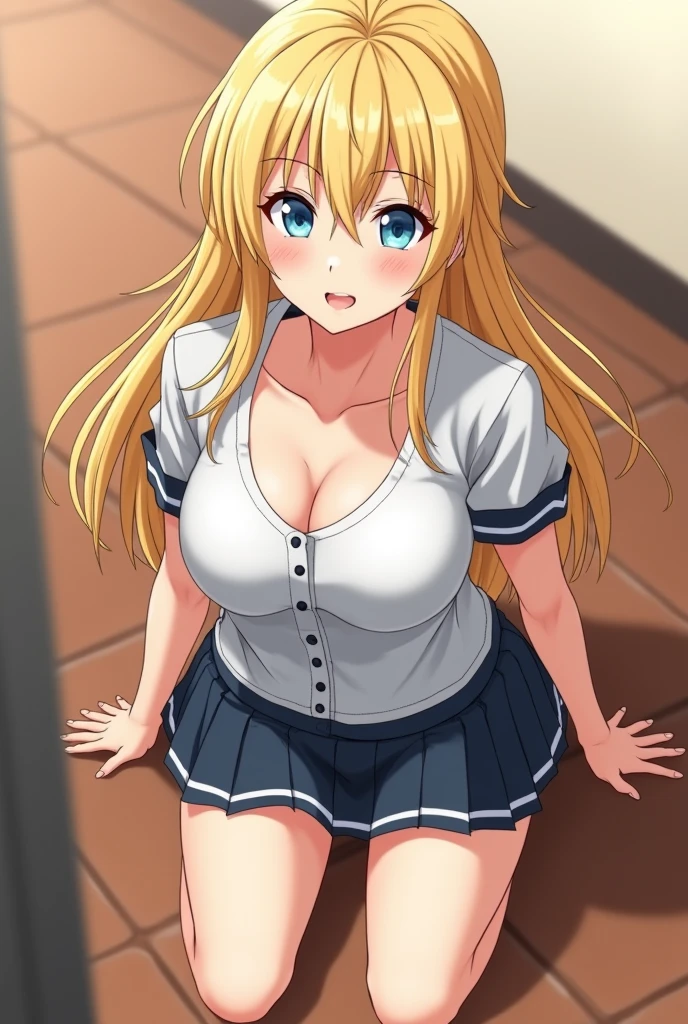 (masterpiece:1.3, highest quality, Ultra-high resolution, Very detailed), (Realistic:1.1, photoRealistic:1.4), Beautiful illustrations, Perfect lighting, colorful, Written boundary depth, Beautiful detailsまでこだわった髪, Beautifully detailed face, Beautiful details, Beautiful clavicle, Beautiful body, Beautiful breasts, Beautiful thighs, Beautiful legs, Beautiful fingers, View audience, 1 girl, Japanese, high school girl, Perfect Face, (Perfect Anatomy, Anatomically correct), Cute and symmetrical face, Baby Face, Sunburn, Shiny skin, (Middle Hair:1.5, Twin tails:1.2, blonde), Asymmetrical bangs, blue eyes, Long eyelashes, (Medium Chest), thin, ((Collared short-sleeved shirt, Light blue shirt, , Grey plaid pleated skirt, To the Navy)), No pants, (Beautiful views), evening, (Outdoor, distant cityscape), Are standing, (peace sign), (Cute Smile, Blushing、Upward glance, Open your mouth), (Very open vagina:1.4),(Sometimes inserting a thick erect penis into the vagina from below:1),(Semen overflowing from the vagina:1.2),(Tears overflowing),
