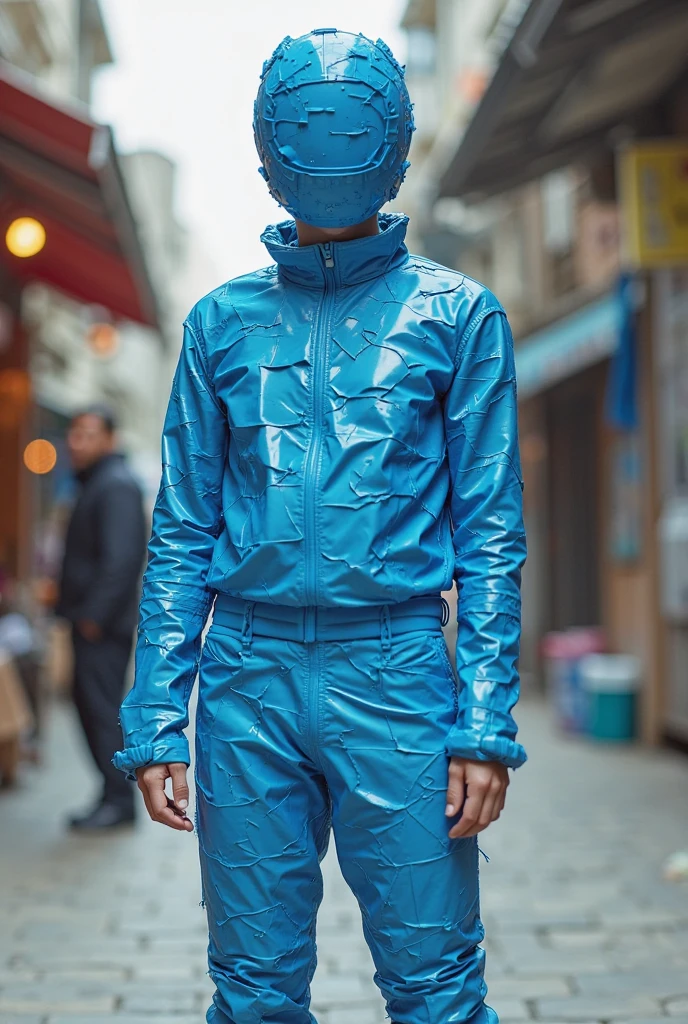 a young man, mid shot, messy ponytail, messy hair, wearing a colorful vivid plastic adidas jacket, baggy shorts, shirtless, visible abs,(wearing detailed translucent (plastic scifi gas mask covering mouth)), (walking towards camera), sidewalk and street, (hdr:1.3), (muted colors:1.2), dramatic, complex background, cinematic, filmic, (artstation:0.8), detailed toned body, <lora:weird future fashion_v5:1>, professional supermodel photoshoot, shallow depth of field, sharp focus, bokeh