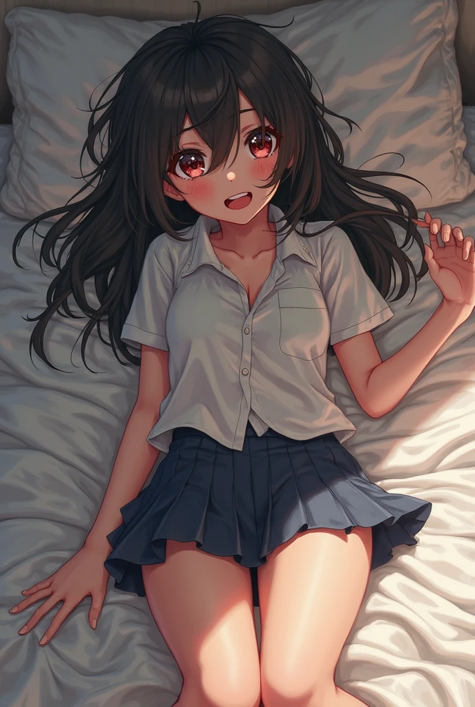 (spreading her legs for the camera:1.5)、(lying on your back on the bed:1.8)、(the skirt is turned up)、(I can see my vagina:1.8)、((No makeup:1.2))、(I can see my breast:1.8)、(disheveled clothing)、(realistic、Photoreal、super detailed、best detailed skins、highest quality、masterpiece、Super high resolution)、cute japanese woman、、high school girl、young girl、1 girl、have bangs、double eyelid、purity、double teeth、realistic肌タイプ、fluffy hair、red cheeks、(School uniform shirt)、white shirt with long sleeves and collar、(Dark blue skirt)、(Girly room)、bright atmosphere、8K RAW photo、High resolution、(very big round breasts:1.2)、beautiful eyes、detailed eyes、drawn in detail、long eyelashes、美しいdouble eyelid、beautiful and very thin legs、(Beautiful and very thin thighs),simple necklace、nude short skirt、Quite embarrassed look、red cheeks,duck mouth、evil sex smile、evil sex look、beautiful and very thin legs、Beautiful and very thin thighs,(Angle from directly above)、Detached tie, masturbation, climax squirting, wet vagina, wet breast, masturbation with dildo, charming face climax masturbating.