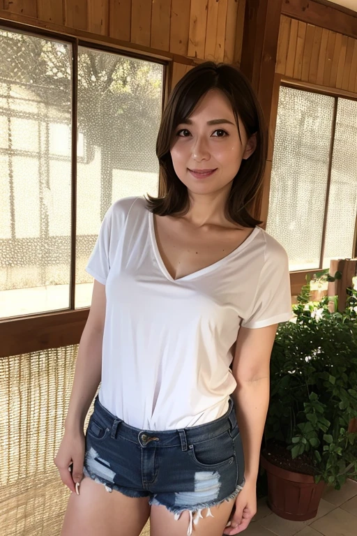 (in 8K, top-quality, ​masterpiece:1.2), (realisitic, Photorealsitic:1.37), ultra-detailliert, Natural sunlight, mideum breasts, Valley, 1 persons, 35-year-old woman, Dark hair, Pendants, Torn shorts, Light Knit V-Neck Shirt, At the time of performance, extremely detailed face and skin, A detailed eye, extremely detailed face and skin