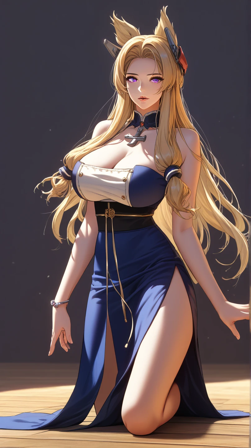 An anime woman with an attractive body, blonde hair and blue eyes, large breasts and a wide waist wearing a blue dress.