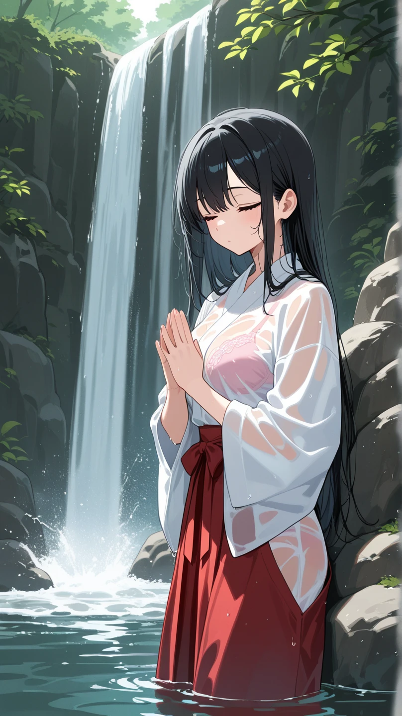 masterpiece, best quality,girl,ultra detail,blush,girl in waterfall, take shower, white kimono, pray, close eyes,feel cold,wet,see-through, <lora:takigyou-001_0.7:0.7>,join hands,pour water over head
