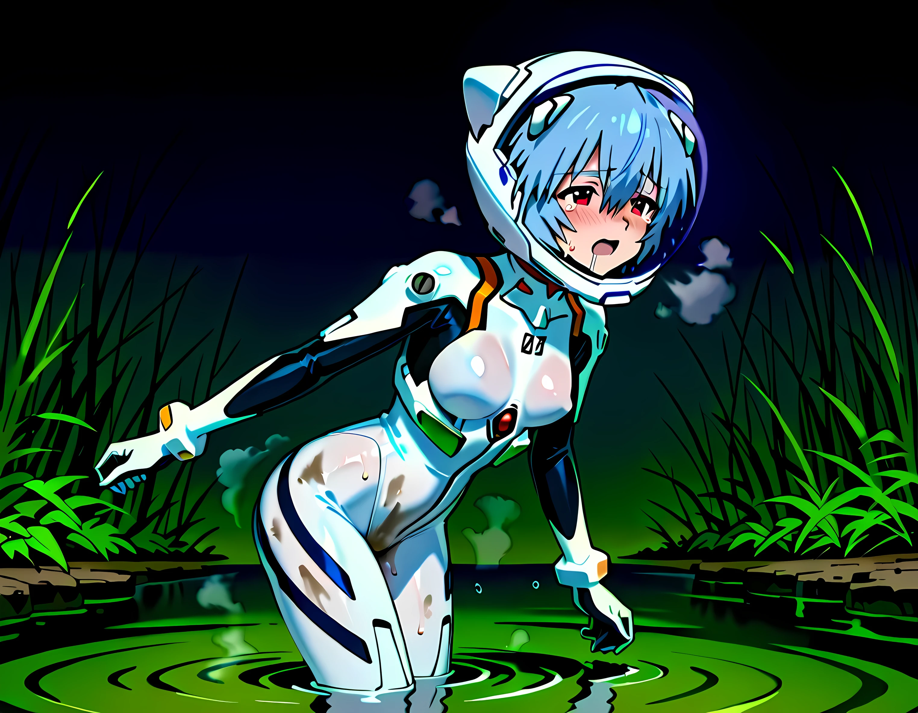 solo, evangelion art style, evangelion anime style, White plugsuit, skintight, tight fit, small breast, Rei Ayanami, red eyes, blue hair, Short hair, cute face, lovely face, white-skinned pretty girl, Short stature,Mass sweat,covered in sweat,steam, wet_skin, sweatdrop, A huge amount of tears, I even have a runny nose, Drooling, Sweating profusely, Wrapped in steam, Tired look, Half-closed eyes,rough breathing, Heavy Breathing, struggling for breath, walking, , wading, muddy swamp, dirty costume, wet crotch, (eva helmet,full face helmet, White helmet,glass helmet, face visible through helmet, space helmet, PLUGSUIT HELMET:1.1), ,