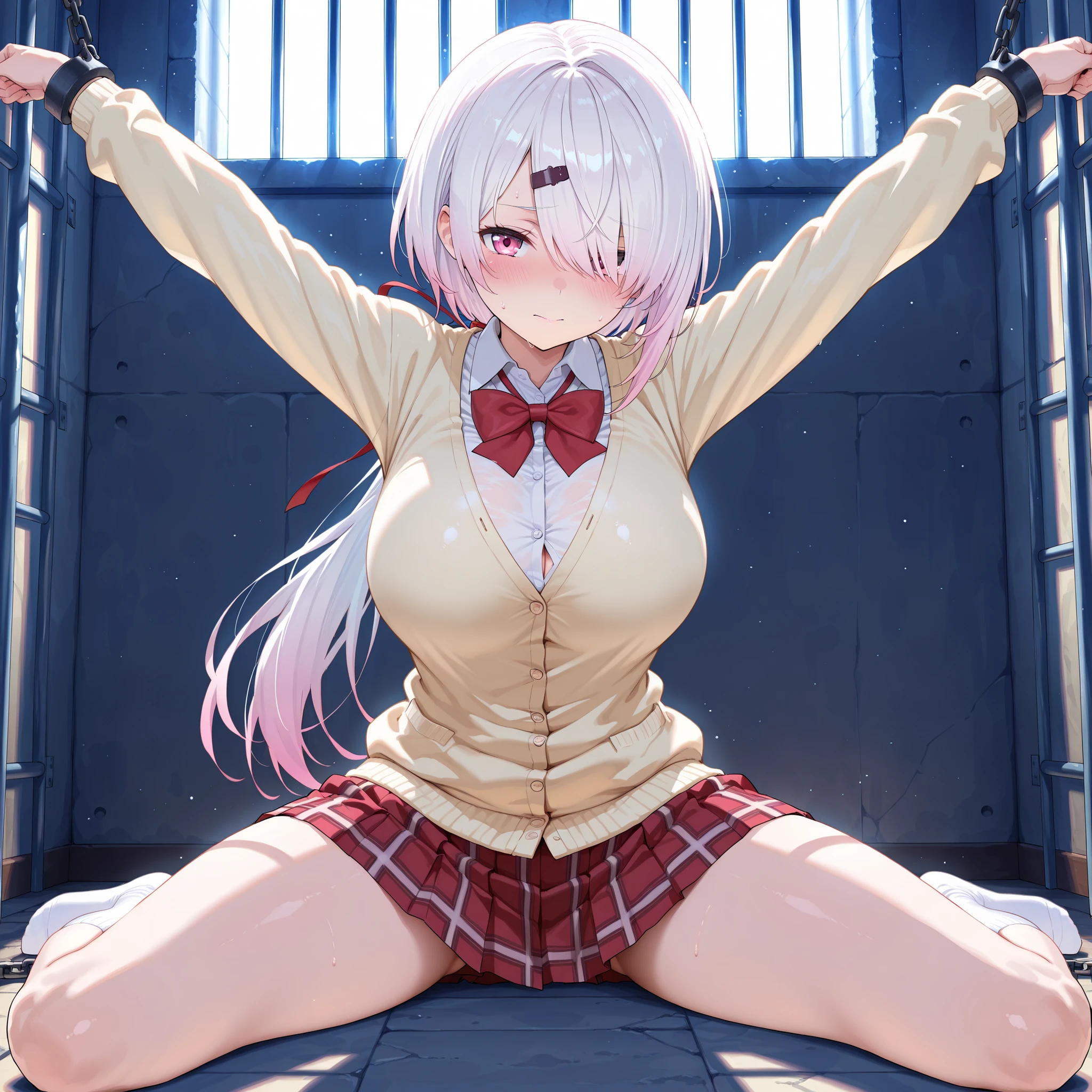 silver hair、太いthighs、(girl upon top,straddle,upon,bed、squat、Stripe Pose、arm behind head、spread your legs, double piece:1.3)、girl、NSFW 、crowd、big breasts、太いthighs、knee socks、bad anatomy 、1girl is straddle,1boy has penis、Finger to mouth、sit astride、girl upon top、nature、straddle、spread your legs、cum upon breasts、(NSFW 、cum dump 、excess semen 、facial 、small cum 、cum in pussy 、grab your chest 、excess semen 、torn clothes:1.2)、wet skin、(NSFW、thighs:1.2)、(NSFW 、wet skin 、torn clothes nude 、realistic skin 、1girl is straddle:1.3)、(realistic skin 、wet skin:1.4)、(zettai ryouiki、knee socks:1.6)、(BDSM、restrained、fetters:2.0)、