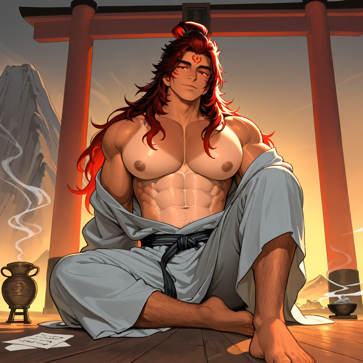 Realistic,Hot muscular Male concubine in the Han dynasty on his knees with legs spread apart, wearing ancient revealing Chinese dress with long hair and masculine features.Battle scars