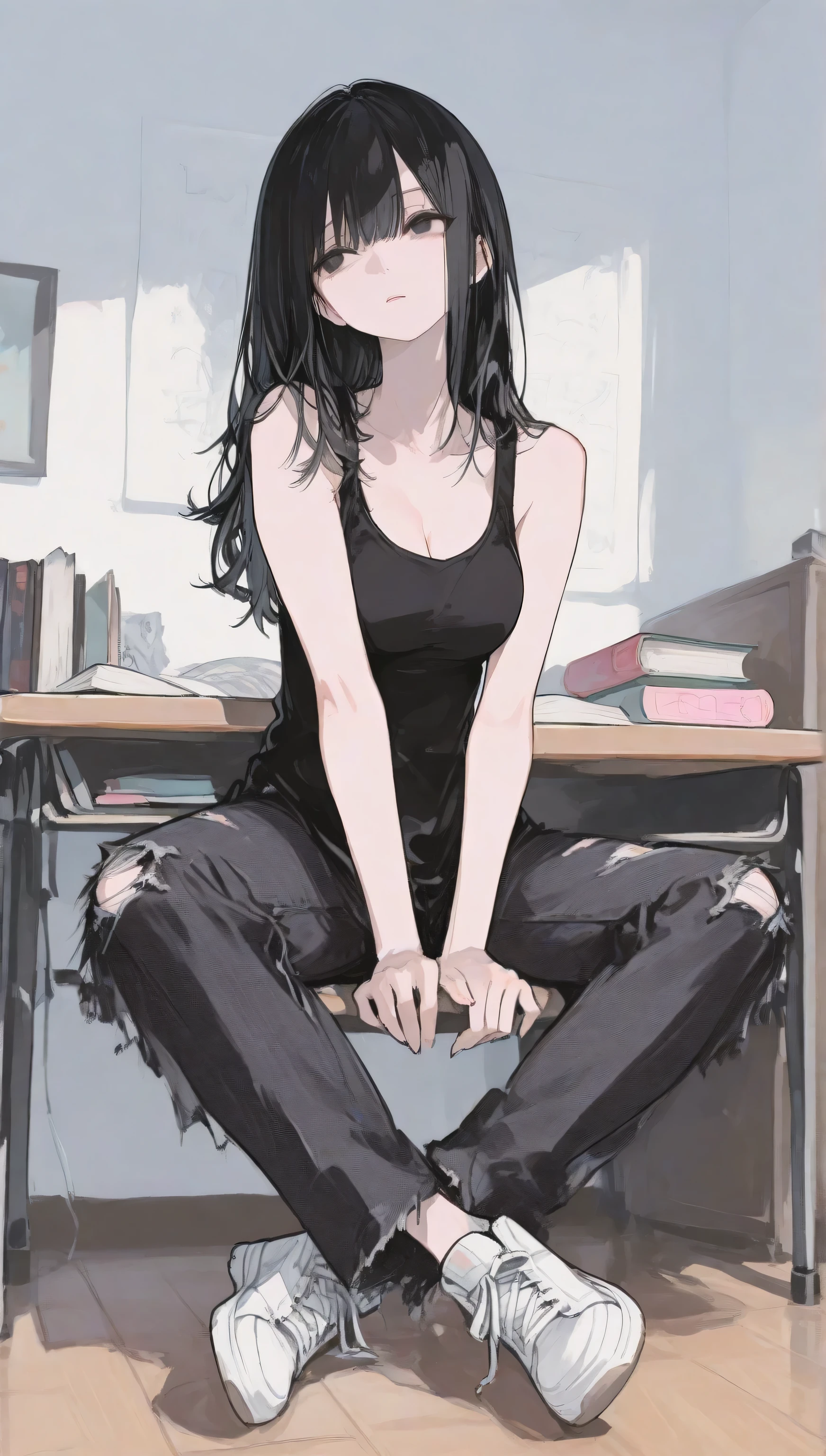 score_9, score_8_top, score_7_top, one young girl, 18 years old, full body, alone, sitting cross-legged on the floor, long hair, black hair with light pattern, smooth hair, black eyes, beautiful eyes, black tank top, open white shirt, long black ripped jeans, [beautiful breasts], look from back and she stare at diary in desk, bedroom