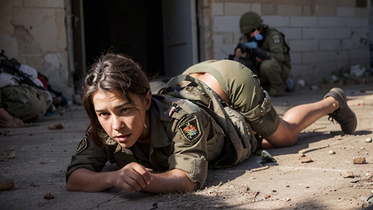 Raw, best quality, masterpiece, Ultra-realistic, ultra-detailed, Israelian, big breasts women, dirty face, bloody face, blood spot on face, wearing israeli army uniform, exposed suit, skin texture details, shoulder skin seen, sitting sadness, crying face, screaming, lost for war, cringe, crowded by Hamas soldier, 8k resolution 