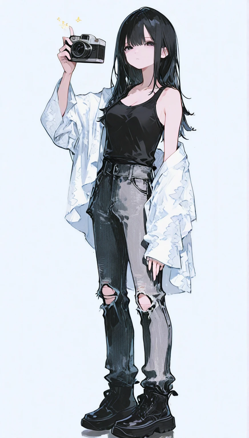 masterpiece, best quality, ((pure white background)), standing, (dark blue hair) ,cold face, full body, (((open Denim jacket))), white T-shirt, casual pants, (((Fashionable clothing))), happy, soft, super clear, high-definition picture, (front), purple eyes, blunt bangs, hinata/(boruto/), long hair, medium breast