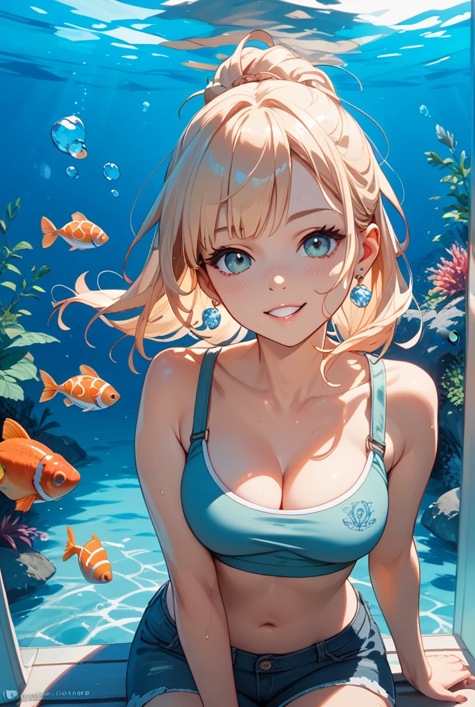 Classical painting, In the coral reef,Woman in swimwear,smile,Light blue bikini,bracelet, alone,Beautiful Face、A vivid face、40 years old、Sex appeal in adult women,blondes,blondes,Short Bob,Beautiful hairstyle、 Realistic Skin、Beautiful Skin、Narrow shoulders,charm,whole body,detailed,Realistic,Realistic,Soft Light、Swimwear,(Sergeant's Oil Painting)、(Highest quality、masterpiece)、anatomicaly ,Slightly large chest(D cup),Wide-angle shot, Vast background,far and near method, from fingertips to toes,Ghibli-style colors, Illustration, underwater,swiming goggles,Air bubbles from the mouth,Swimming underwater