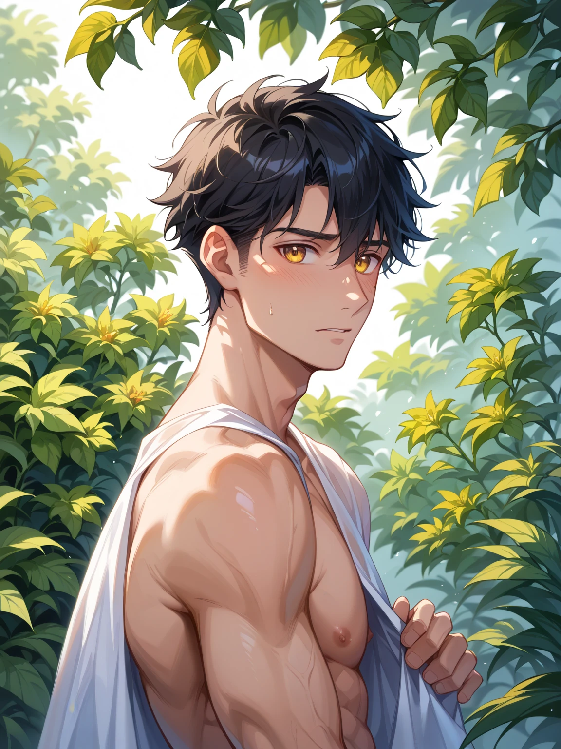 (absurdres, highres, ultra detailed), 1 male, handsome, wearing only a speedo, dad body, bulge, next to him a naked little boy dappled sunlight, day, depth of field, plants, summer, (dutch angle), closed mouth