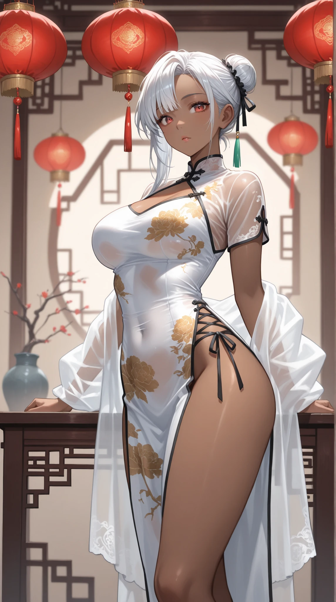Chest curtain, China dress, Nipples are visible,(highest quality:1.0), (8k wallpaper:1.0), Very delicate and beautiful, (Beautifully detailed face:1.0), (detailed Deep Eyes), Symmetrical breasts, Deep Eyes, vapor, Shiny skin,