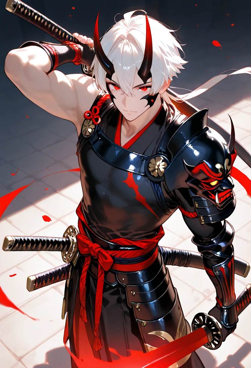 Japanese samurai wear ghost masks,without helmet, urban samurai, epic image, Era,frontal photo,Extremely meticulous,Full armor,frontal photos,relaxing,without helmet,Hair collected,black armor,broken armor,the body is not clean,to bleed,Combat Stance,On the battlefield,standing posture, surrounded cherry trees