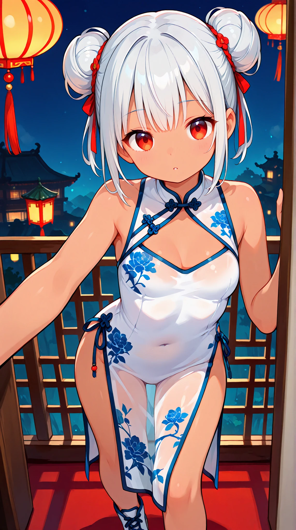 womanhood, Brown skin, silver hair bun hair, China Dress, white see-through inner, Slit, lace up,    Hanging Lanterns, 