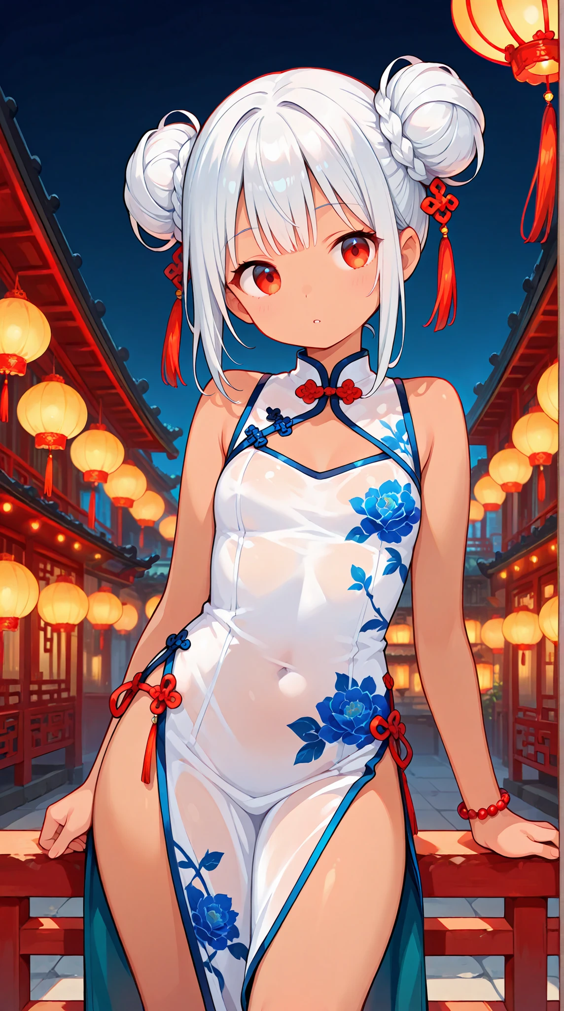 womanhood, Brown skin, silver hair bun hair, China Dress, white see-through inner, Slit, lace up,    Hanging Lanterns, 