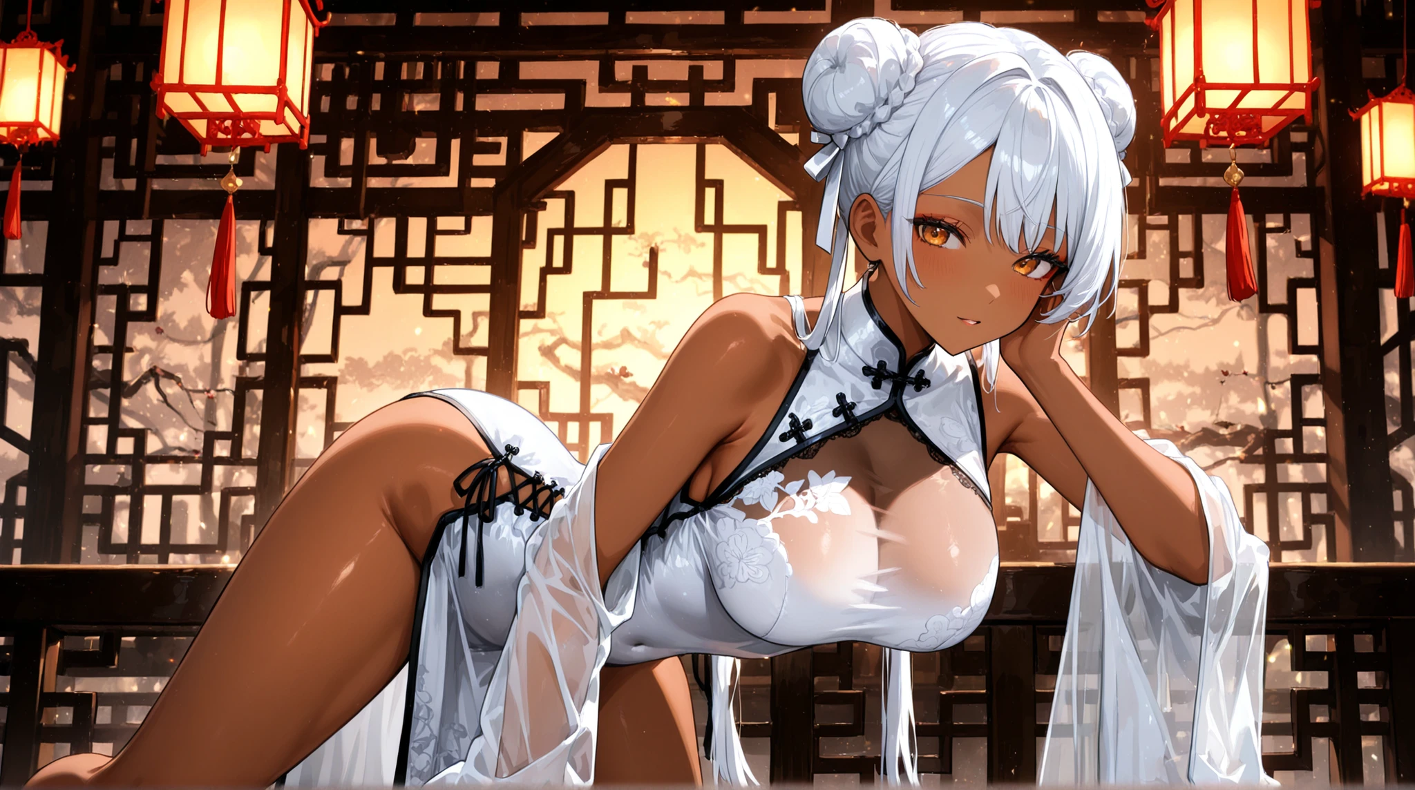 womanhood, Brown skin, silver hair bun hair, China Dress, white see-through inner, Slit, lace up,    Hanging Lanterns, 