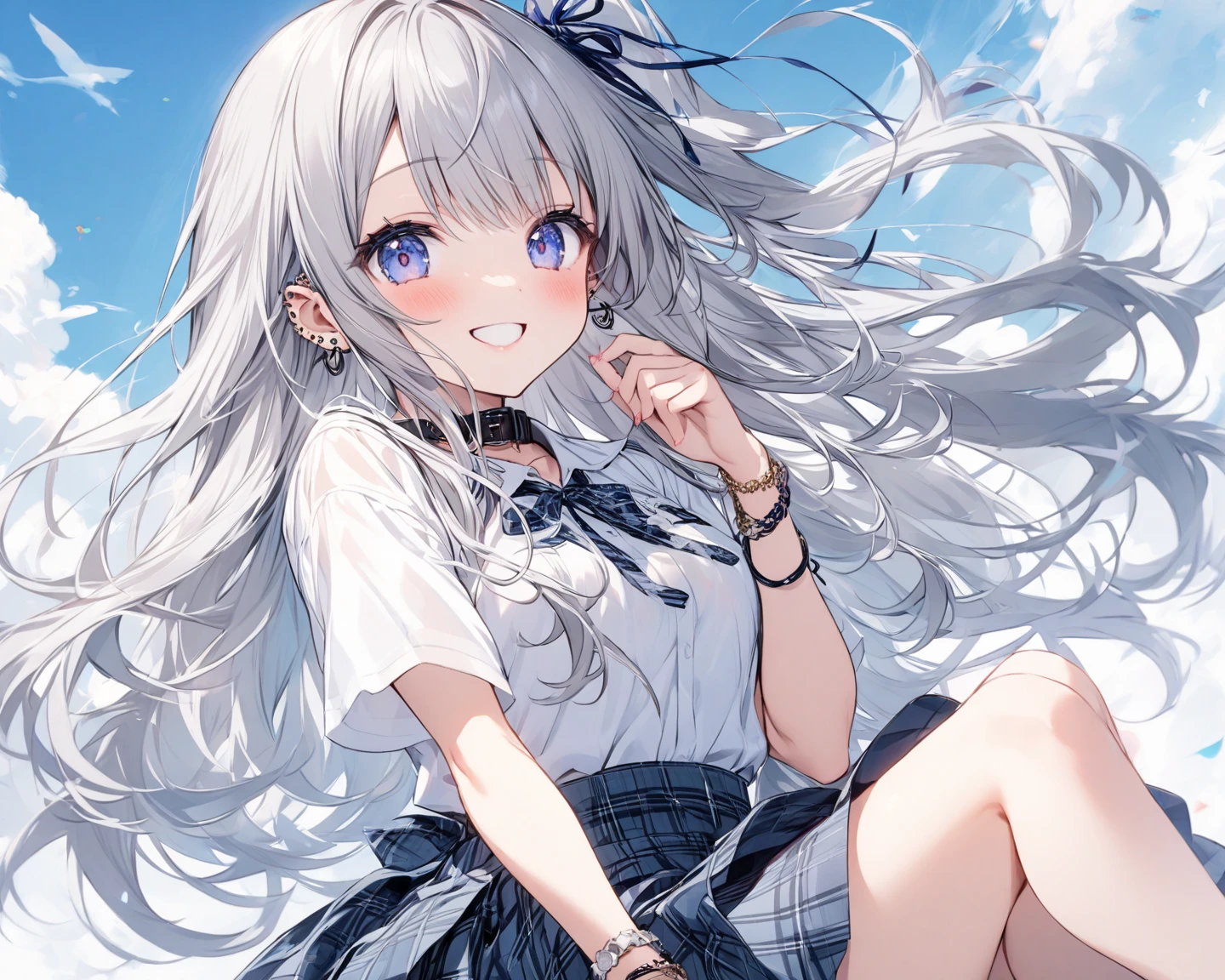 1girl in, (masutepiece:1.1), (Best Quality:1.1), (White blouse:1.1), (checkered skirt:1.1), student clothes, high waist skirt, BREAK [Blue:Pink:0.5] theme, (Gradient background :1.1), Cowboy Shots, Break Silver Hair, length hair, , verd s eyes, Intricate and detailed tiaras, sideways Facing,wind lift,(Panties:1.2),((open shirt)),white bra --auto
