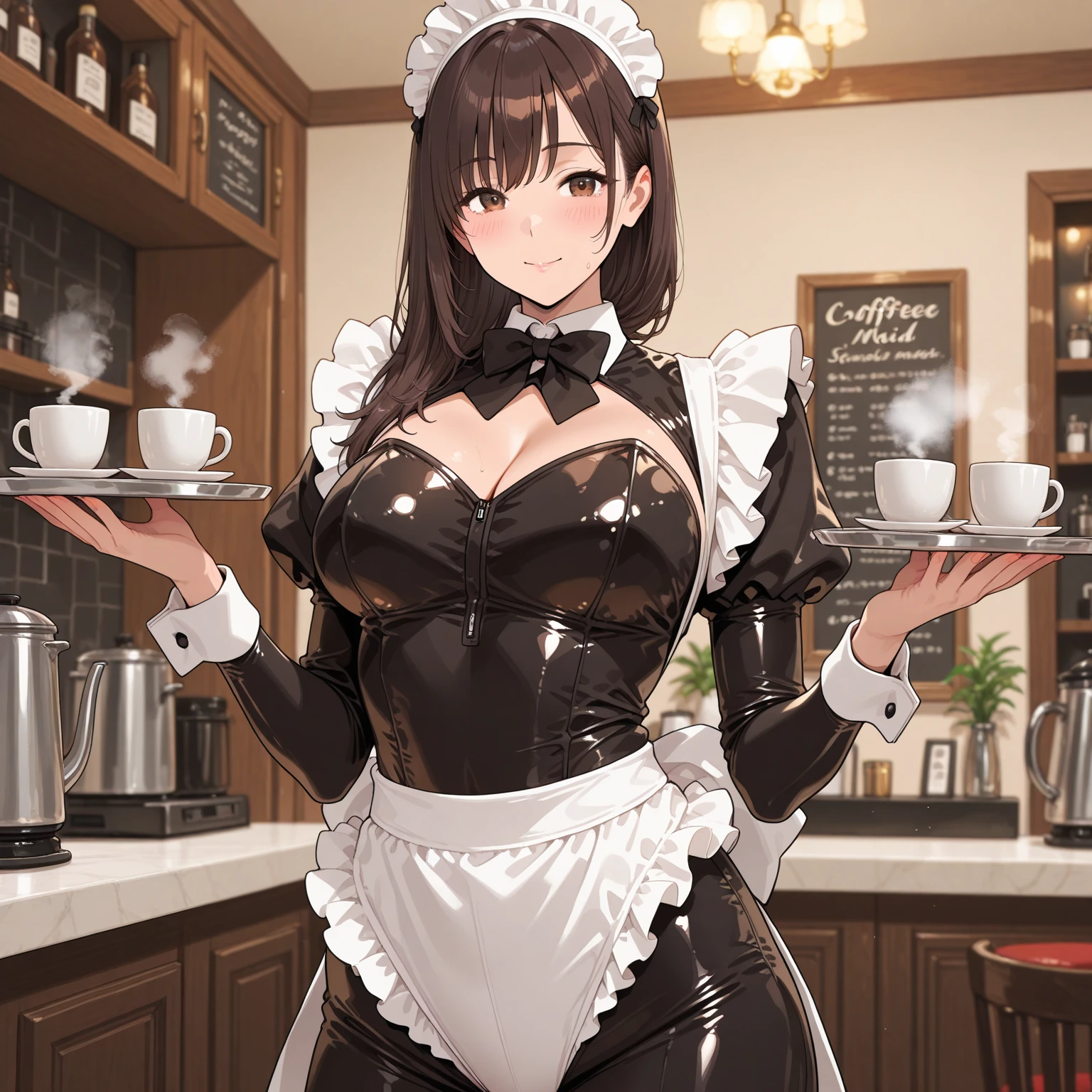 nsfw, Detailed Background, (((独奏))), ((Excellent anatomy: 1.2)), (One beautiful 35 year old woman:1.5), (Black Hair, Shortcuts, blunt bangs), Big Tits, (Blue Eyes), (Beautiful Eyes), (Miniskirt maid costume:1.3), (Silver-rimmed glasses:1.2), (Holding a tea set on a tray in her right hand), (Place your left hand on your hip), grin, Earrings, Walking inside a coffee shop, Cowboy Shot