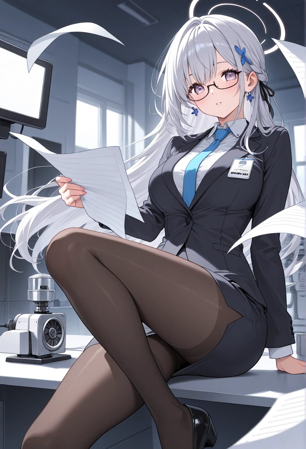 score_9,masterpiece,best quality,perfect features,intricate details,ray tracing,illustration,1girl,bronya-OL2,solo,suit jacket,thighband pantyhose,id card,high heels,high-waist skirt,ribbed sweater,cowboy shot,looking at viewer,office,sitting on desk,indoors,depth of field,seductive smile,looking at viewer,spread legs,finger to mouth,<lora:Char_Honkai_Bronya_XL_v1:0.8>,<lora:naipony:0.5>,