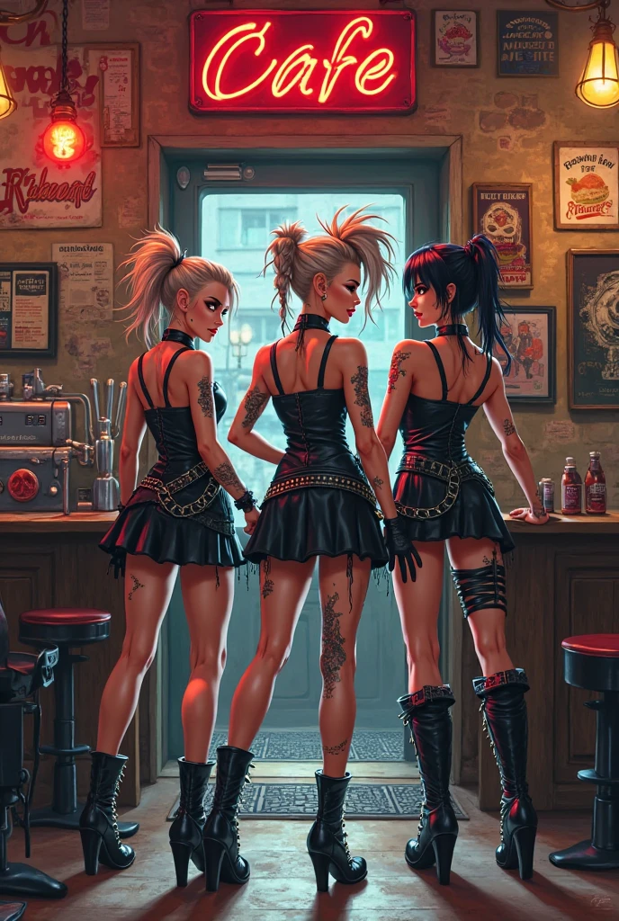 A dimly-lit, cozy bar, exuding an air of intimate decadence. At the center, three captivating women - Vin (green hair), Naz (blond hair), and Jae (pink hair) - are perched on bar stools, each embodying a unique yet equally alluring beauty. Vin, a 25-year-old human female with vibrant blue eyes and green hair styled in middle-parted double braids, flaunts her medium perky breasts and slim, sexy figure in a sleek office top and a tight black mini skirt that accentuates her long, toned legs. Naz, a 30-year-old human female with green eyes and blond gothic hair, boasts a medium-sized, round ass and medium perky breasts, both showcased by her slingshot bra and tight red mini skirt, which she pairs with black high-heeled stripper boots. Lastly, Jae, an equally stunning 25-year-old Asian female with a pink pixie haircut and golden eyes, showcases her large perky breasts and slim figure in a slingshot swimsuit and a micro skirt that barely conceals her assets. The three of them are engaged in a sultry conversation, their drinks casting an alluring glow on their faces. All have beautiful anal butt plugs.