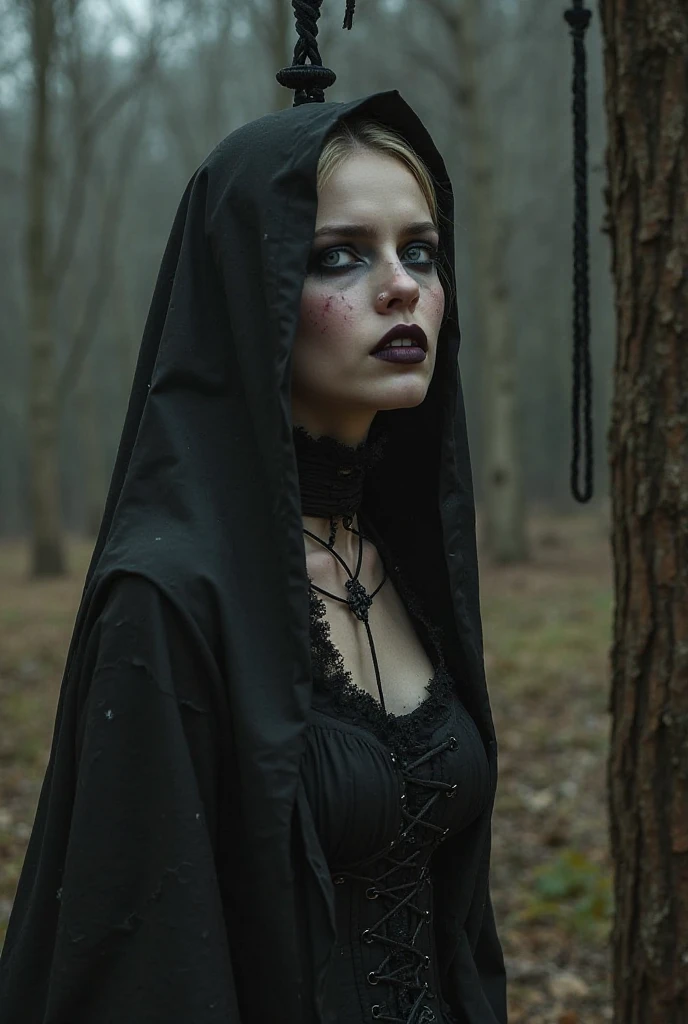 a vampiric teenage girl standing in an eerie graveyard, wearing a cape and hood, arms crossed