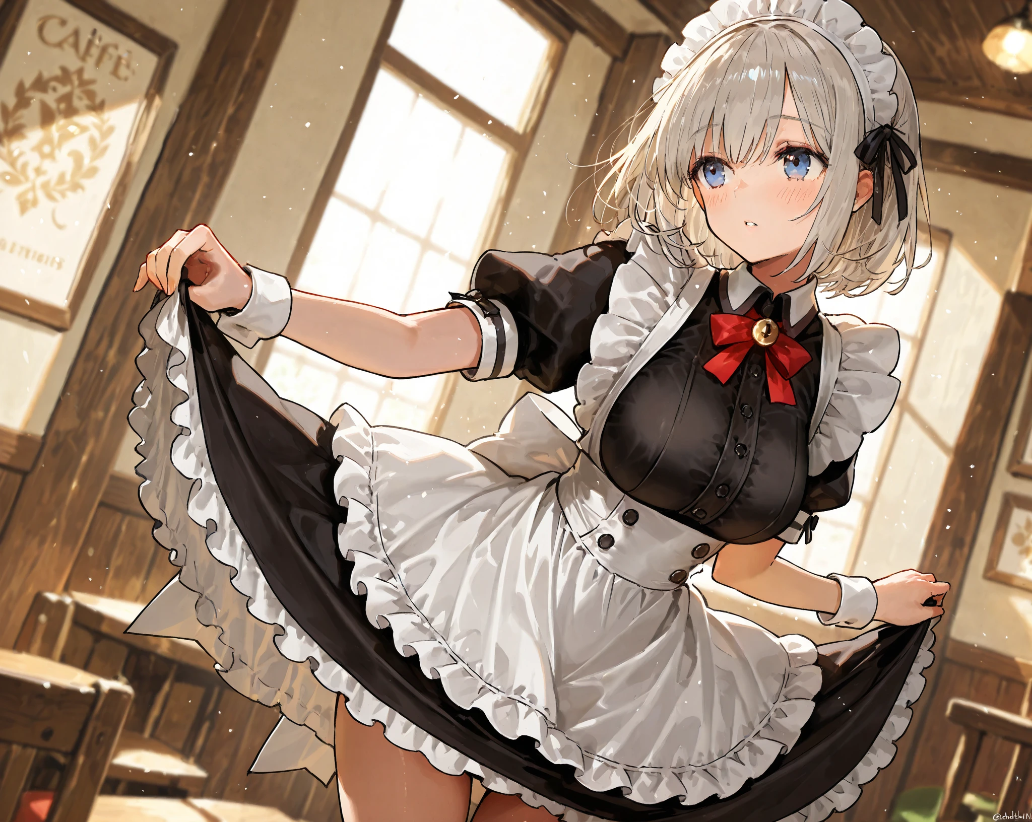 NSFW,koneko toujou (dxd),Gray Hair,short hair,(Maid clothes:1.2),(cropped:1.5),Micro Mini Skirt,garter belt,Embarrassed,blush,(Estrus:1.3),(Perfect hands),(Perfect Anatomy),(masterpiece),(highest quality),Coffee shop,One man