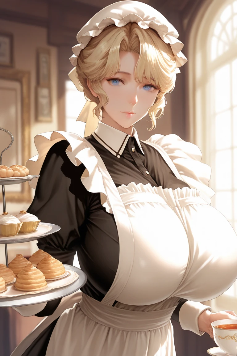 pancakes in the Asteria VK skillet,a blond,Twin-tailed,1soloMILFWoman in her 30s hands on hips, cleavage, maid APRON with shape LOVE symbol,Smile,kitchen, the upper part of the body