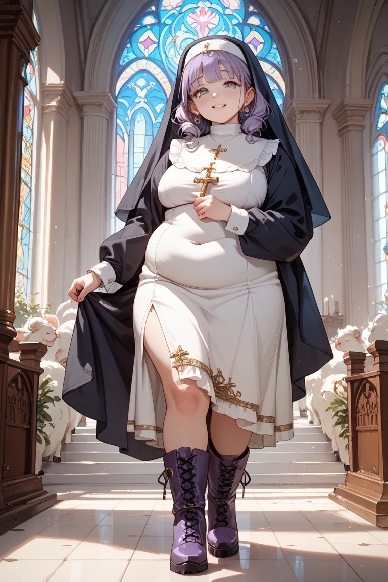 ((Highest quality)), ((masterpiece)), (detailed), Two Girls, long-skirt, high slid, pregnant, nun, priest costume, huge belly, big breasts, lace-up costume, high heels, knee high tights, orgasm face, multiple girls, skinny girls, (small hip) , see-through costume,lace-up corset, Belly protruding forward, walking, monastery, sweat, Wet, steam punk