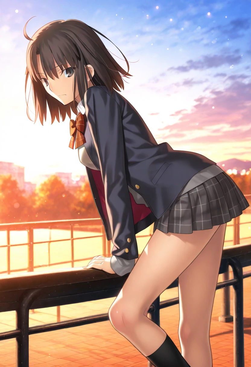 ((masutepiece, Best Quality, hight resolution, nffsw, Perfect Pixel, 4K, nffsw, nffsw))), 1girl in, Single, Solo, Beautie、full body seen、 ((Middle Wave Hair, Bangs, Brown hair)), ((Brown-eyed, Beautiful eyelashes, Realistic eyes)), ((Detailed face, Blushing:1.2)), ((Smooth texture:0.75, Realistic texture:0.65, Photorealistic:1.1, Anime CG style)), medium breasts, Dynamic Angle, Perfect body, ((red bowtie, School uniform, Black jacket, Open jacket, Brown cardigan, White shirt, Black skirt, plaid skirts)), City staircase、Looking up from the bottom of the stairs、Very embarrassing panic smile, turned around、Leaning forward heavily、(The wind flipped my skirt and exposed my butt...............................、Touching the buttocks with both hands、opens legs、Light pink floral lace panties)、
