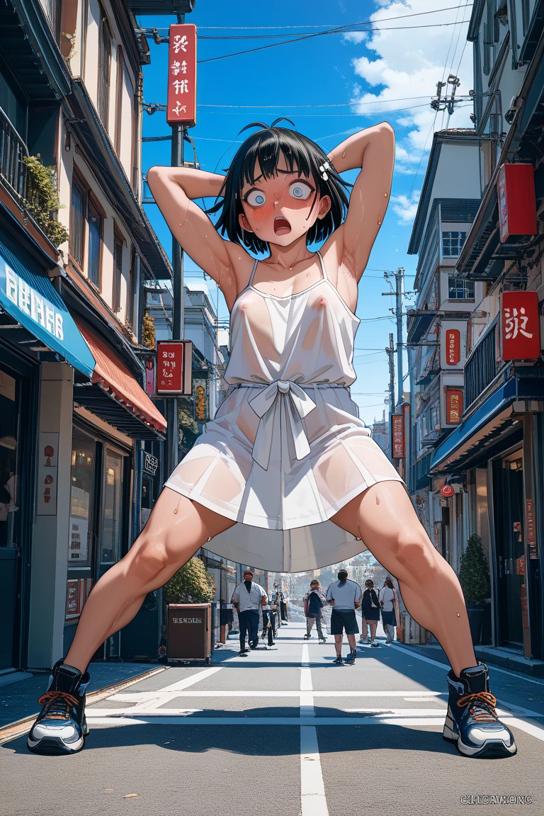Analog style, vhs style, 8mm film, chromatic aberration, Dvd screengrab, from 2000 dark fantasy film, cinematic style,8k,,anime style,8k,nude 1girl,walking,in the street,holding towel,embarrassed, covering crotch, covering breasts,(sweat skin:1.1),(sweat hair:1.1),(dark skin:1.0),(crying face:1.0),(embarrassed:1.0),(pubic hair:1.0),crowd ,breasts, covering crotch, covering breasts,(naked newspaper:1.0)
, <lora:8_naked_newspaper:0.5>