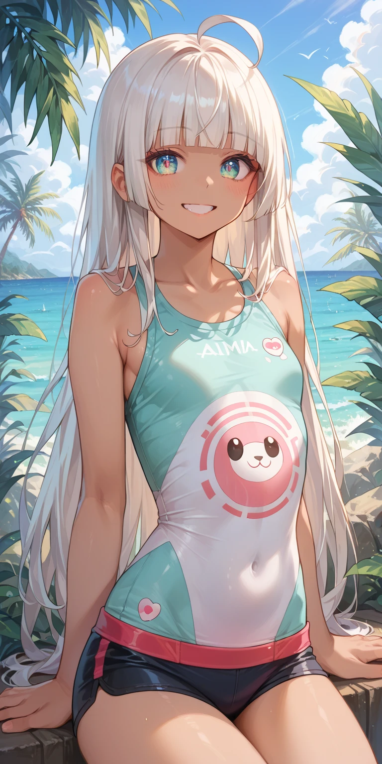 geometric pattern high leg swimsuit, , Big Eyes, Chubby Cheeks, Tiny Nose, Stature, Expressive Eyes, Simplified Detailing, like Proportions, Minimal Lines, Squishy Appearance, Charming Simplicity